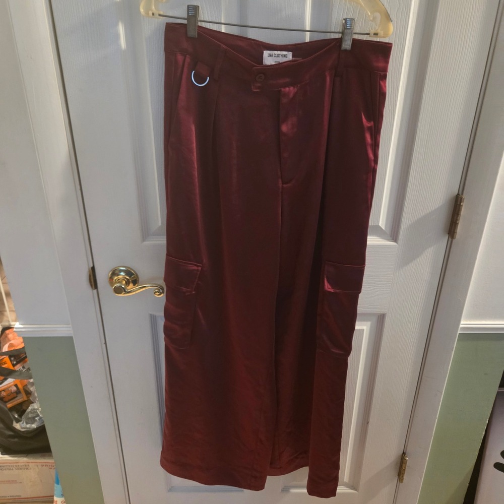 LNA Clothing The Lou Burgundy Satin Wide Leg Cargo Pocket Pants Wine Red Medium